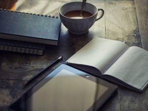 journal, tea, pencil, iPad